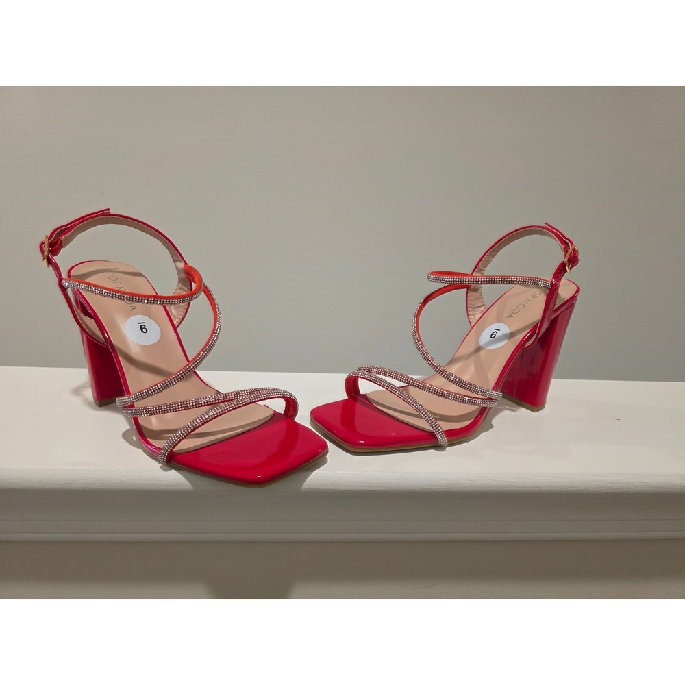 Womens sz 9 Top Moda Red Patent Rhinestone Strappy Square Toe Block Heel Sandals